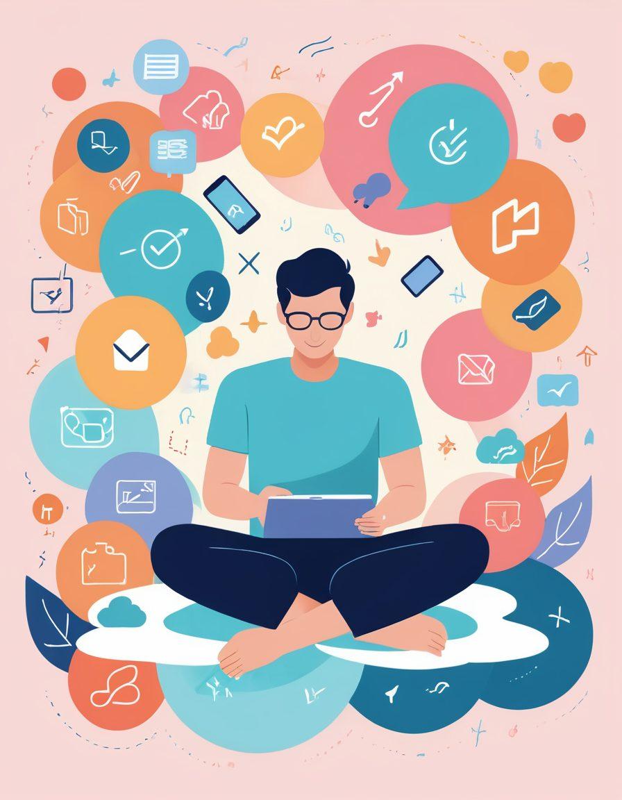 A serene scene depicting a person joyfully managing subscriptions on a tablet, surrounded by floating digital icons representing various subscription services. Soft pastel colors enhance the feeling of ease and happiness, with a background of abstract shapes symbolizing simplicity and flow. The atmosphere is light and uplifting, inviting readers to embrace stress-free management. vector art. vibrant colors. minimalist design.