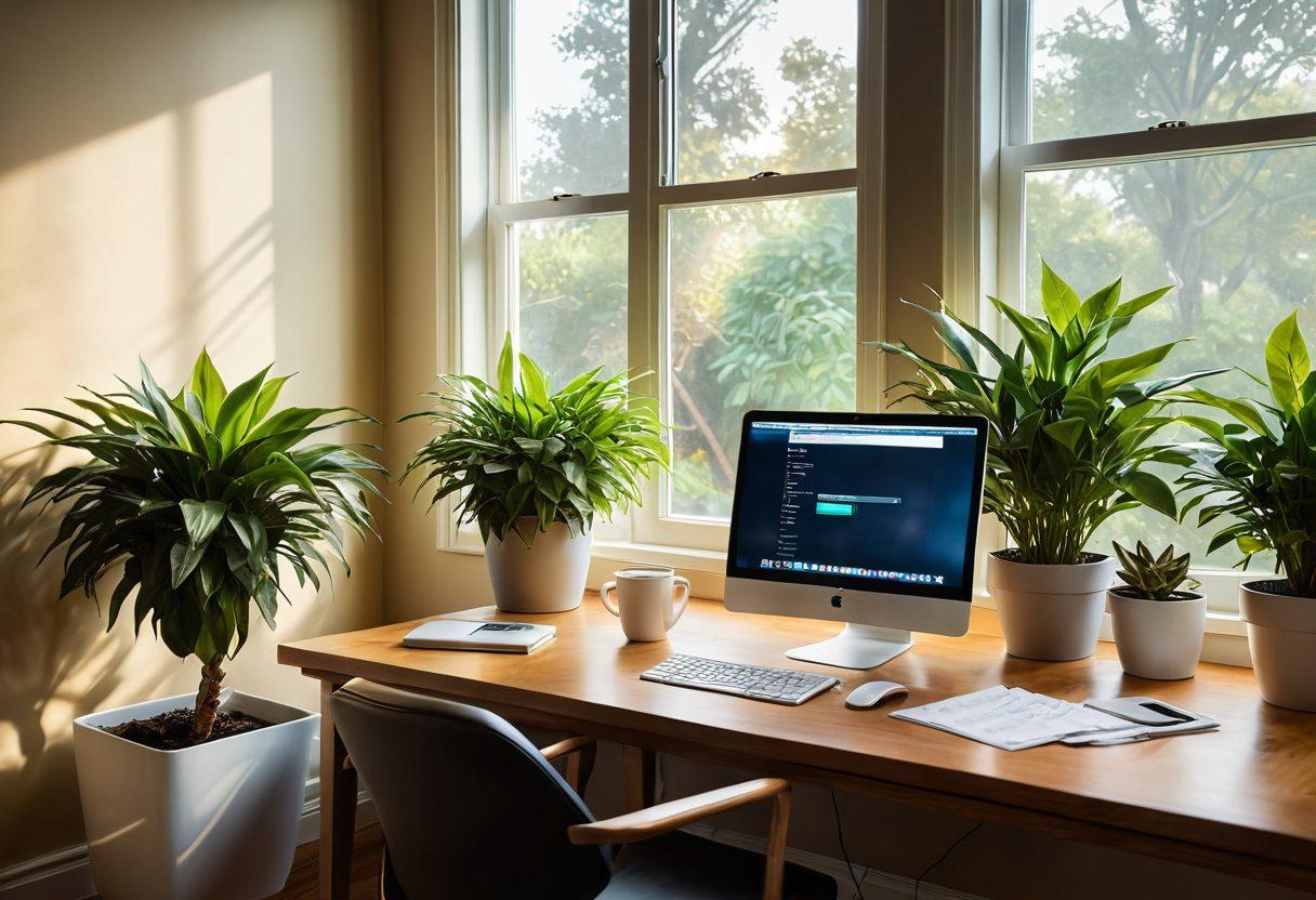 A serene scene depicting a peaceful home office with a modern computer displaying an auto-billing setup on the screen. Lush indoor plants, sunlight filtering in through a window, and a steaming cup of coffee on the desk create a calm atmosphere. A glowing notification suggests seamless transactions, symbolizing ease and simplicity in financial management. super-realistic. vibrant colors. warm light.